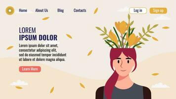 plano diseño sitio web aterrizaje página modelo con un retrato de un mujer con un ramo de flores de flores mental salud concepto. vector ilustración.