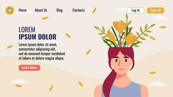 plano diseño sitio web aterrizaje página modelo con un retrato de un mujer con un ramo de flores de flores mental salud concepto. vector ilustración.