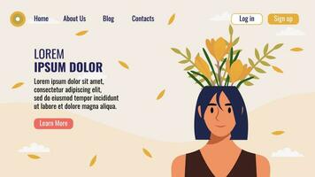 plano diseño sitio web aterrizaje página modelo con un retrato de un mujer con un ramo de flores de flores mental salud concepto. vector ilustración.