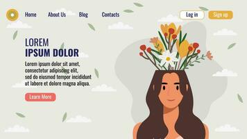 plano diseño sitio web aterrizaje página modelo con un retrato de un mujer con un ramo de flores de flores mental salud concepto. vector ilustración.