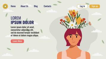 plano diseño sitio web aterrizaje página modelo con un retrato de un mujer con un ramo de flores de flores mental salud concepto. vector ilustración.