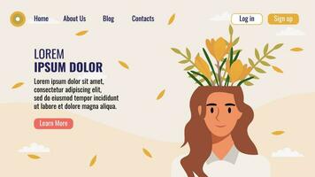 plano diseño sitio web aterrizaje página modelo con un retrato de un mujer con un ramo de flores de flores mental salud concepto. vector ilustración.