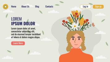 plano diseño sitio web aterrizaje página modelo con un retrato de un mujer con un ramo de flores de flores mental salud concepto. vector ilustración.