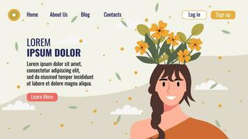 plano diseño sitio web aterrizaje página modelo con un retrato de un mujer con un ramo de flores de flores mental salud concepto. vector ilustración.