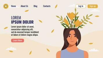 plano diseño sitio web aterrizaje página modelo con un retrato de un mujer con un ramo de flores de flores mental salud concepto. vector ilustración.