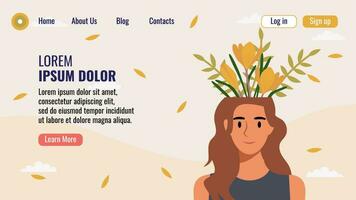 plano diseño sitio web aterrizaje página modelo con un retrato de un mujer con un ramo de flores de flores mental salud concepto. vector ilustración.