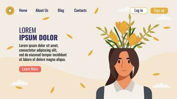 plano diseño sitio web aterrizaje página modelo con un retrato de un mujer con un ramo de flores de flores mental salud concepto. vector ilustración.