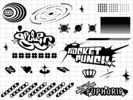 Set of vector graphic asset for streetwear design. Retro futuristic element in Y2K for apparel, clothing and poster design.