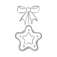 Christmas Tree Toy Gingerbread in the Shape of a Star with a Bow Decorative Element in Doodle Style. Christmas coloring book. Simple Vector Illustration.