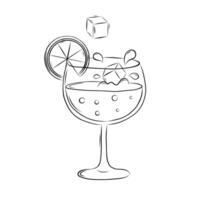 Cocktail Glass of Champagne with Orange Slice and Ice Cubes Decorative Element in Doodle Style. Simple Vector Illustration.