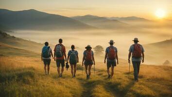 sudoroso caminando en el hermosa naturaleza. campos y colinas con césped. un sincero foto de un familia y amigos excursionismo juntos en el montañas en el vacaciones viaje semana. ai generativo