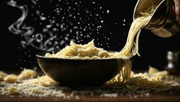 Homemade Italian fettuccine pasta with cream sauce and parmesan cheese, Fettuccine alfredo with parmesan cheese, Traditional Italian cuisine, dark wooden table background, AI Generative photo