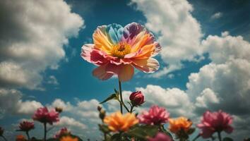 Beautiful colorful flowers with blue sky and clouds background, Idyllic Meadow. ai generative photo