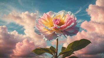 Beautiful colorful flowers with pastel sky and clouds background, Idyllic Meadow. ai generative photo