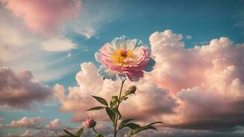 Beautiful colorful flowers with pastel sky and clouds background, Idyllic Meadow. ai generative photo