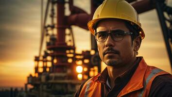 retrato de un hombre petróleo plataforma trabajador con un casco en frente de el costa afuera plataforma con puesta de sol antecedentes. ai generativo foto