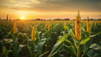 Panorama view of countryside landscape with corn field, Beautiful Maize field in sunset. ai generative photo
