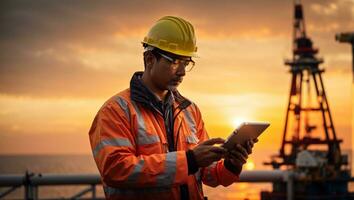 retrato de un hombre petróleo plataforma trabajador con un casco en frente de el costa afuera plataforma con puesta de sol antecedentes. ai generativo foto