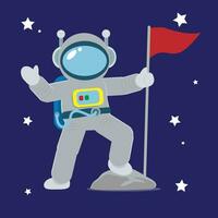 Astronaut with flag. Vector illustration in flat cartoon style.