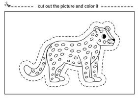 Cutting practice for kids. Black and white worksheet. Cut out cartoon cheetah. vector