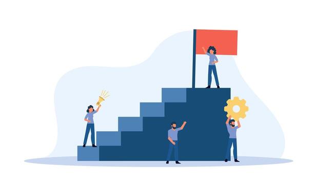 Group of diverse people stand on a staircase, holding gears and a red flag. They are all smiling and looking up at the sky, symbolizing teamwork, unity, and progress. Vector illustration