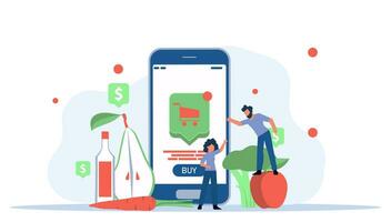 Man shopping grocery online with mobile store supermarket business. People with smartphone food delivery. Concept customer order internet from home service. Sale retail market commerce app phone vector
