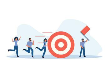 Group of diverse people push a large target towards a goal. They are all working together and smiling, symbolizing teamwork, determination, and success. Vector illustration