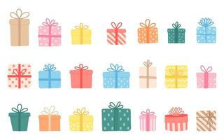 Colored holiday present boxes with ribbon. Christmas gift box set. Hand drawn vector illustration