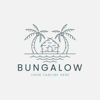 bungalow line art logo vector with sea and palm tree illustration template design. icon nature