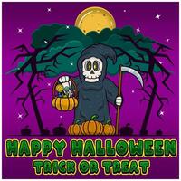 Grim Reaper Holding Candy. Happy Halloween. Trick and Treat. Greeting Card, Invitation and Poster. vector