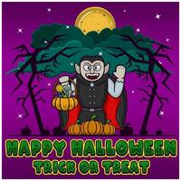 Dracula Holding Candy. Happy Halloween. Trick or Treat. Greeting Card, Invitation and Poster. vector