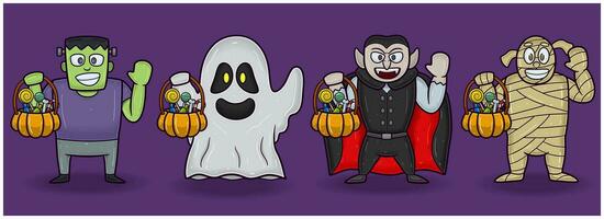 verde zombi, blanco fantasma, drácula, y momia. Víspera de Todos los Santos conjunto mascota caracteres. vector