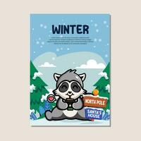 póster modelo para invierno con linda mapache vector