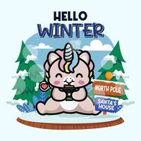 Cute unicorn in winter season vector