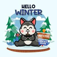 Cute husky in winter season vector