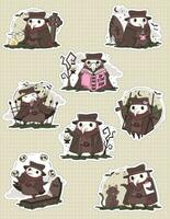 Bundle of stickers of a cute kawaii plague doctor in various poses. Medical routine cartoon humorous concept. Halloween character vector