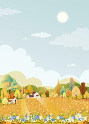 Autumn landscape forest tree,grass field with sunrise sky over mountain,Fall season countryside village with cloud sky and Sun in yellow foliage,Vector cartoon vertical banner nature Autumn background