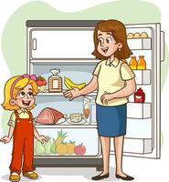 vector ilustración de niña y su madre mirando a el refrigerador.el niña pregunta su madre para el jugo en el refrigerador.