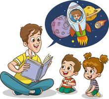 vector illustration of father and kids reading book