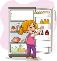 vector ilustración de niños tomando bebida desde refrigerador