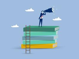 Business skills for career opportunity, knowledge or education for future job, challenge and personal improvement, reading list concept, businessman climb up ladder on books stack for good vision. vector