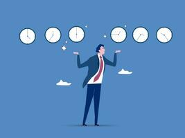 empresario experto malabares reloj en diferencia tiempo. hora gestión, puntualidad o trabajo fecha límite, calendario plan o recordatorio, productividad experto o Temporizador cuenta regresiva, pericia concepto.vector vector