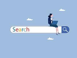 Search box, SEO search engine optimization or finding website from internet, online job or career opportunity concept, woman working with computer laptop on search box with magnifying glass button. vector