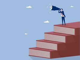 Business skills for career opportunity, knowledge or education for future job, challenge and personal improvement, reading list concept, businessman climb up ladder on books stack for good vision. vector