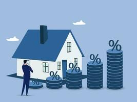 Stack coins as graph trend up and interest rates with house. FED fix recession inflation crisis by increase interest rate that effect to house buyer. Mortgage loan concept. vector illustration.