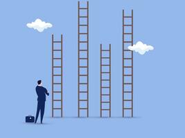 Choosing success ladder, difference career path, opportunity or various choices, challenge to choose best option, climb up ladder of success concept, businessman thinking to choose the right ladder. vector