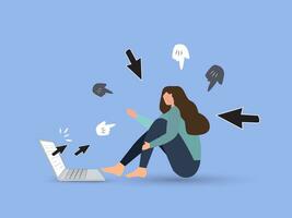 Cyber bullying, internet abuse or online troll, social media problem with hater comments concept, depressed teenager girl sitting alone with computer laptop and mouse hand cursors pointing on her. vector