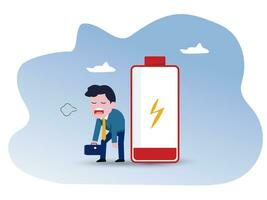 Exhausted and fatigue from hard work, stressed or anxiety from unhealthy work or depression and burnout, low energy or motivation concept, fatigue and tired businessman stand with low battery sign. vector