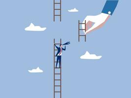 Helping hand, business support to reach career target or help to climb up ladder of success concept, businessman climbing up to top of broken ladder with huge helping hand to connect to reach higher. vector