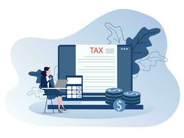 woman put data to fill out tax form and woman was checking. Flat Vector illustration.